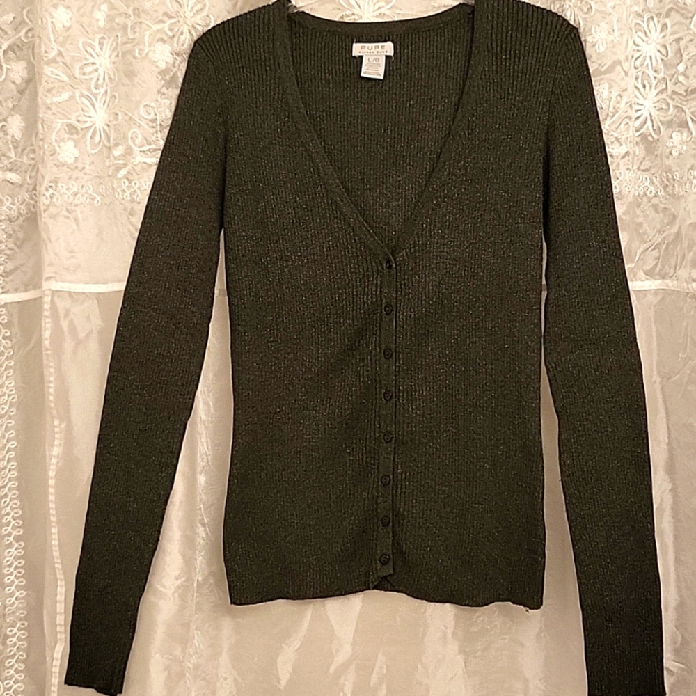 Alfred Sung Charcoal Grey Softly Shimmering Ribbed Cardigan, L